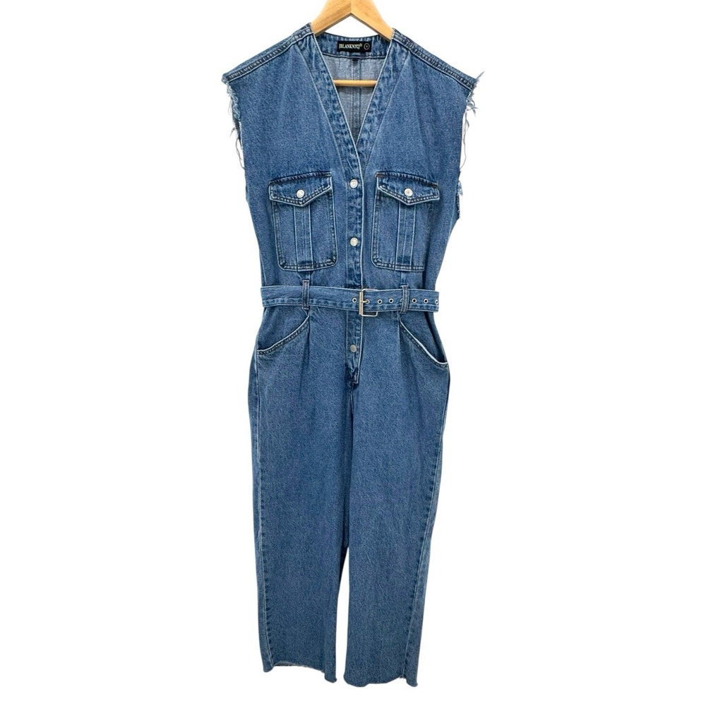 Blank NYC Denim Jumpsuit SMALL Relaxed‎ Fit Belted Cropped Raw Straight Leg